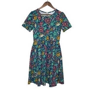 LuLaRoe Amelia Dress Womens Size M Retro Floral Garden Pleated Stretch Pockets